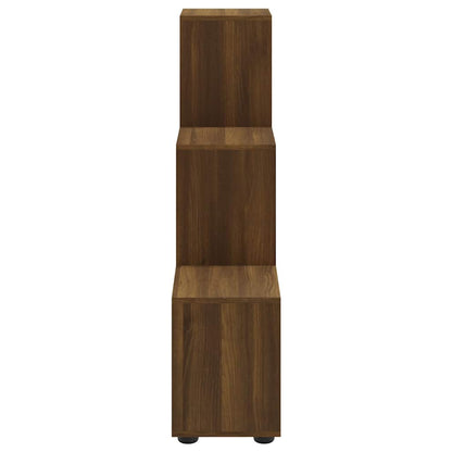 A narrow side profile of the brown oak effect staircase bookcase, showing its stepped structure
