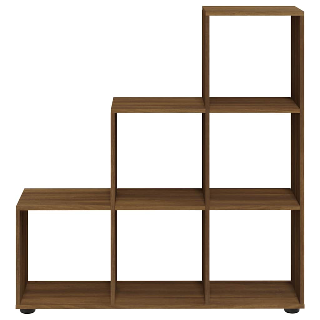 The brown oak effect staircase bookcase, showing the stepped design and cube compartments
