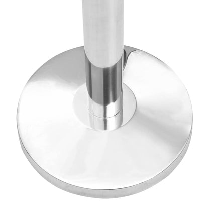 The crowd control barrier showing the round weighted base attached to the silver metal post