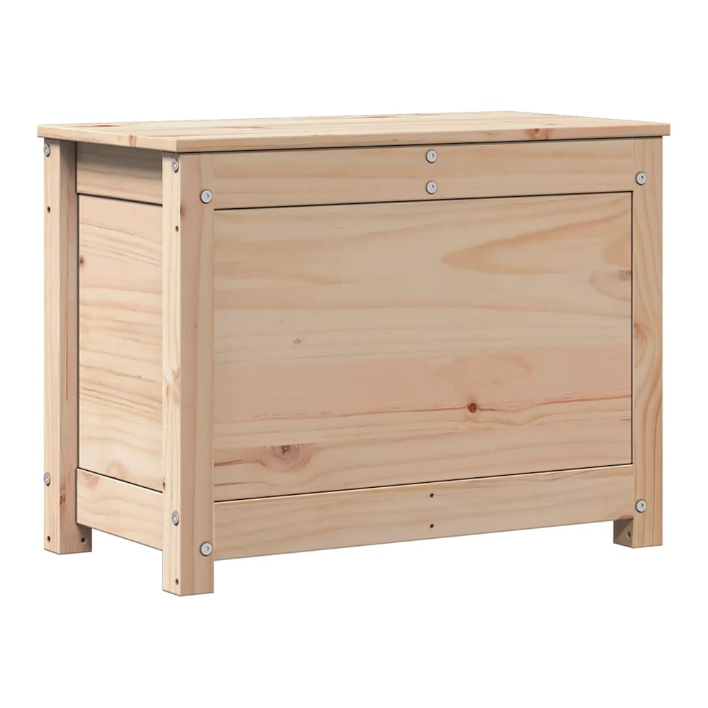 The solid wood pine storage box from the front, showing the lid closed