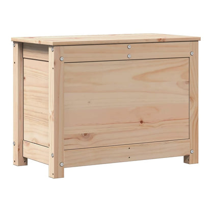 The solid wood pine storage box from the front, showing the lid closed