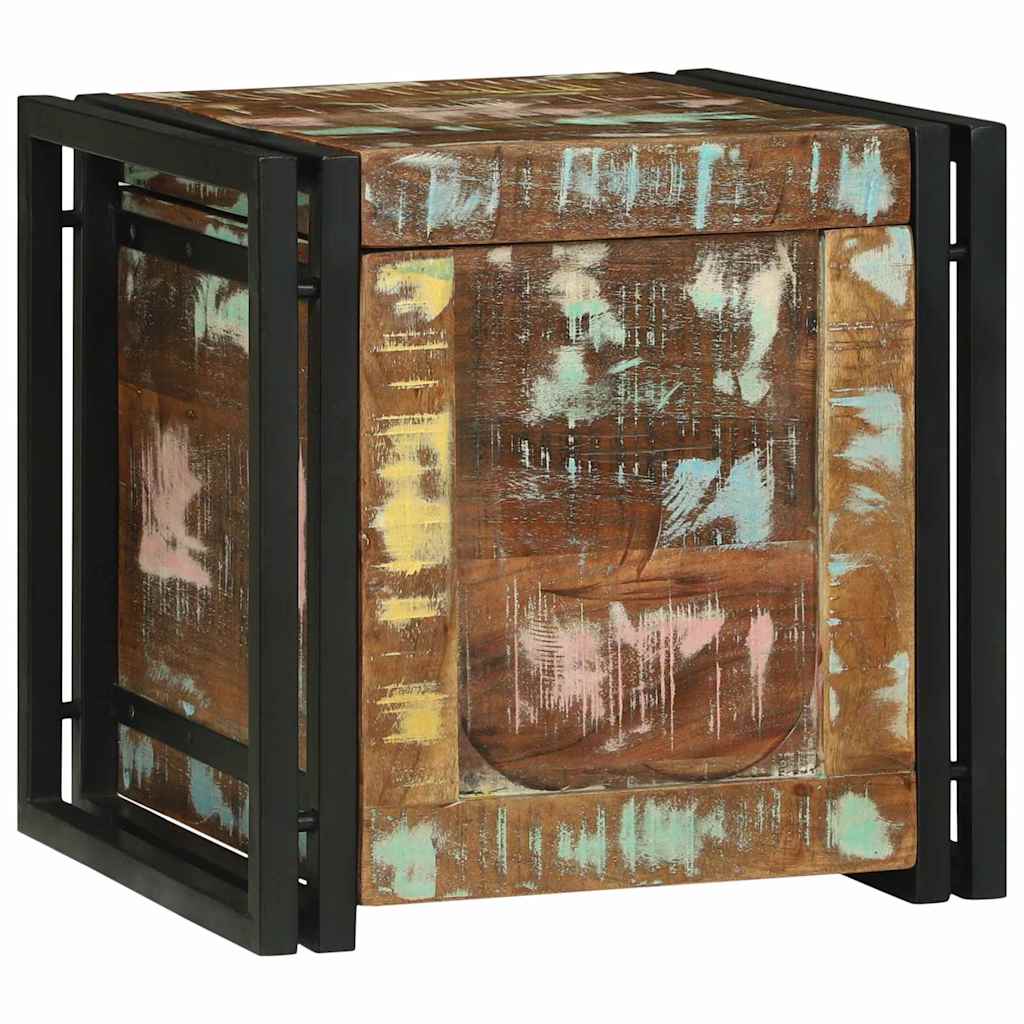 Storage chest with lid closed, showing the colourful wood panels and black metal frame