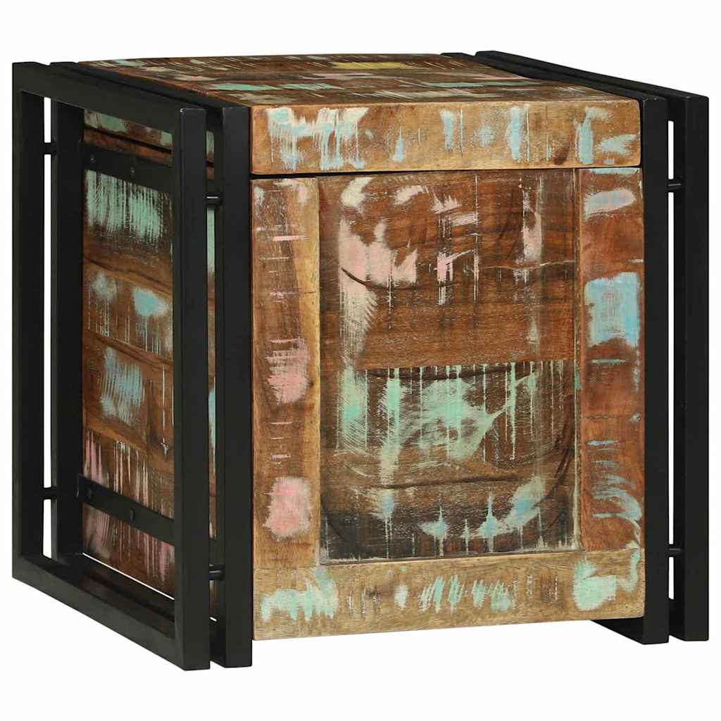 Side view of the storage chest with its colourful wood and black metal construction
