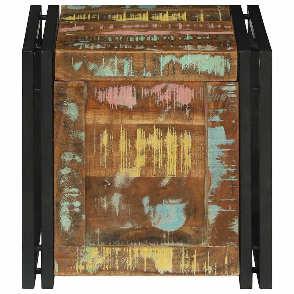 Top view of the storage chest, highlighting the colourful wood planks and metal frame