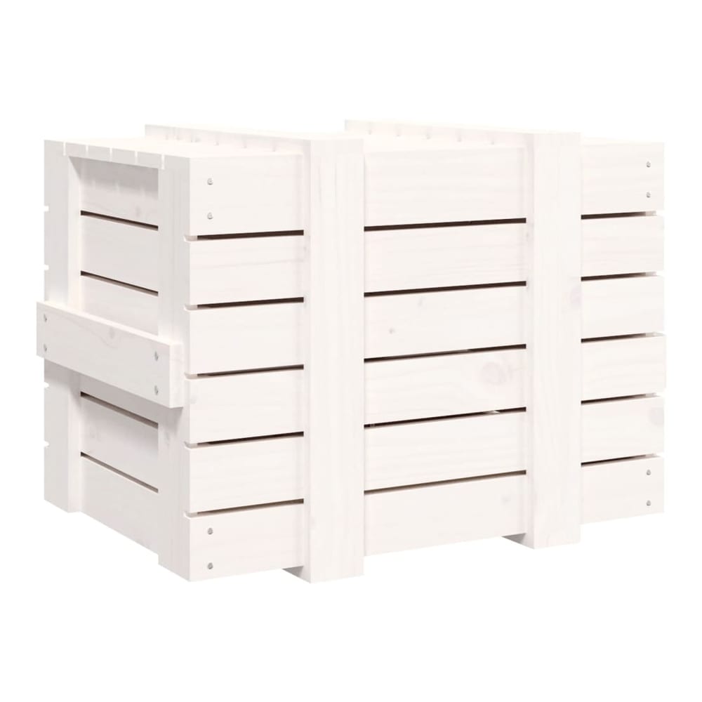 A front view of the white wooden storage chest with the lid closed