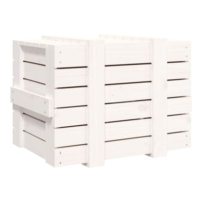 A front view of the white wooden storage chest with the lid closed