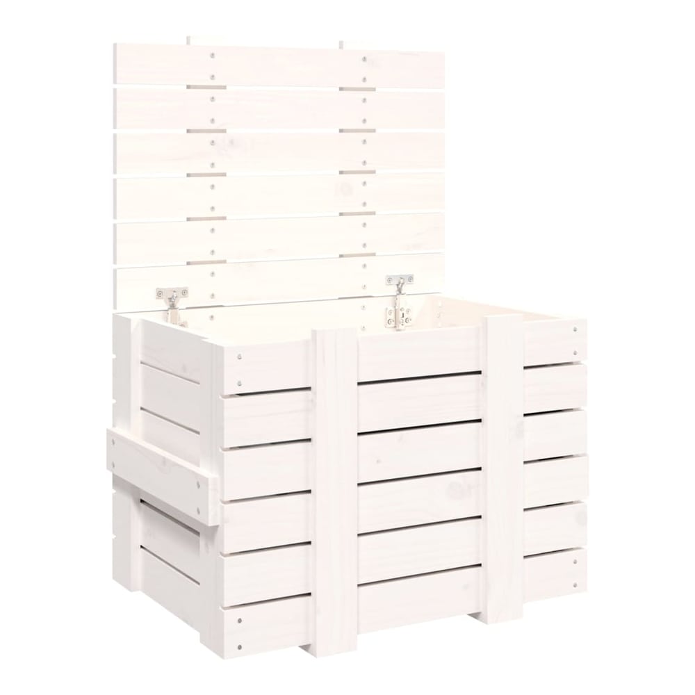 The white wooden storage chest with its lid open, showing the interior space