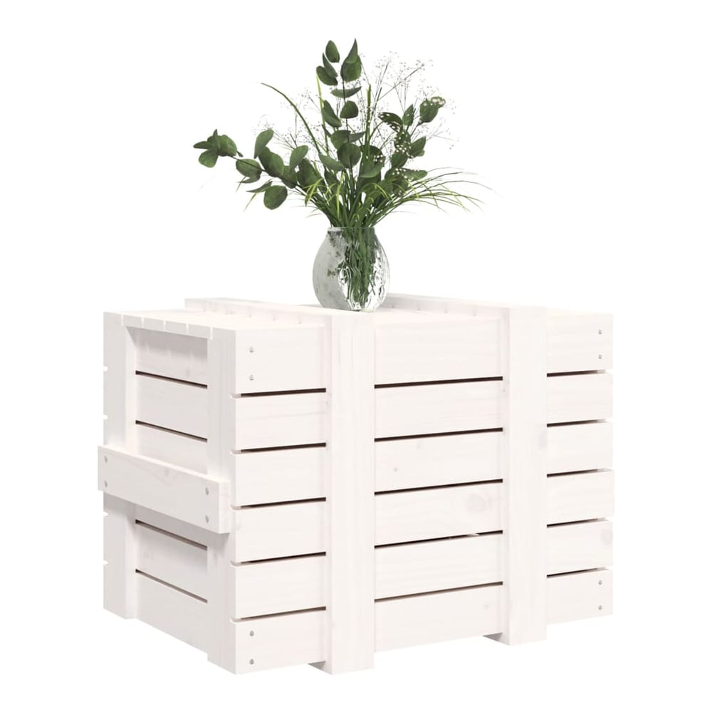 The white wooden storage chest with a vase of greenery on top