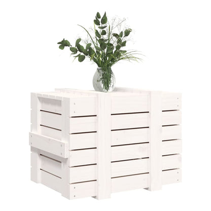 The white wooden storage chest with a vase of greenery on top
