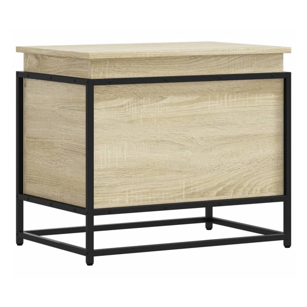 The storage box with lid has a light wood effect finish and black metal frame