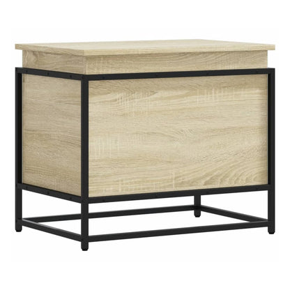 The storage box with lid has a light wood effect finish and black metal frame