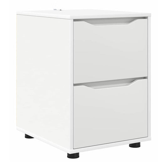 white storage cabinet with two drawers, front view with slight angle