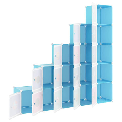The kids storage cabinet with all 15 blue doors open showing the inside