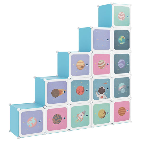 The kids storage cabinet with 15 blue cubes and various space illustrations