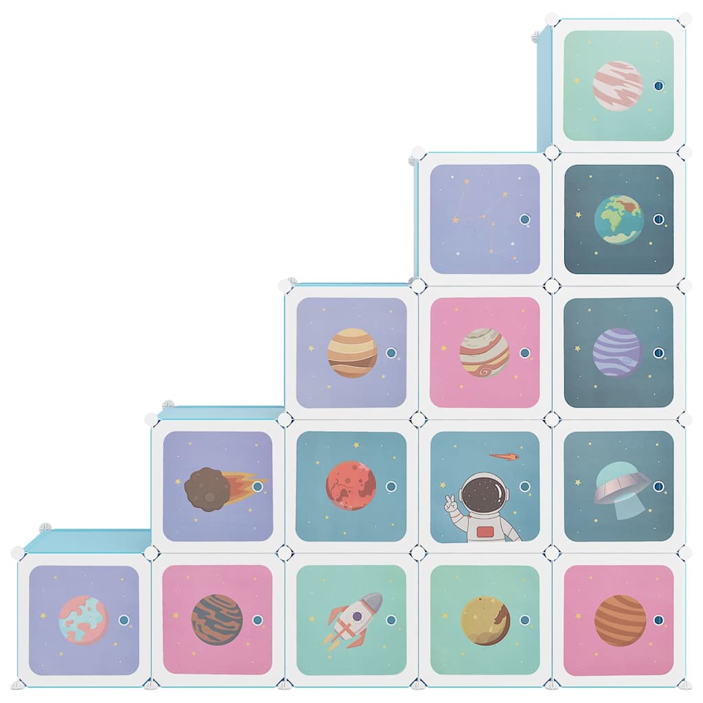 Close-up of the kids storage cabinet showing the blue cubes and space illustrations