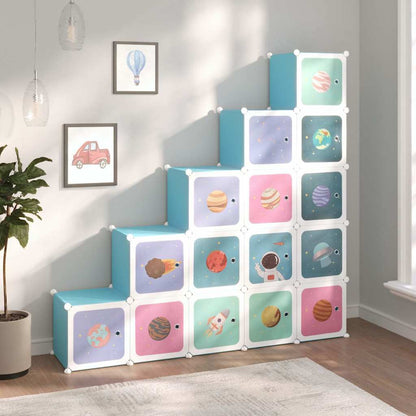 Cube Storage Cabinet for kids with 15 blue cubes featuring space-themed designs