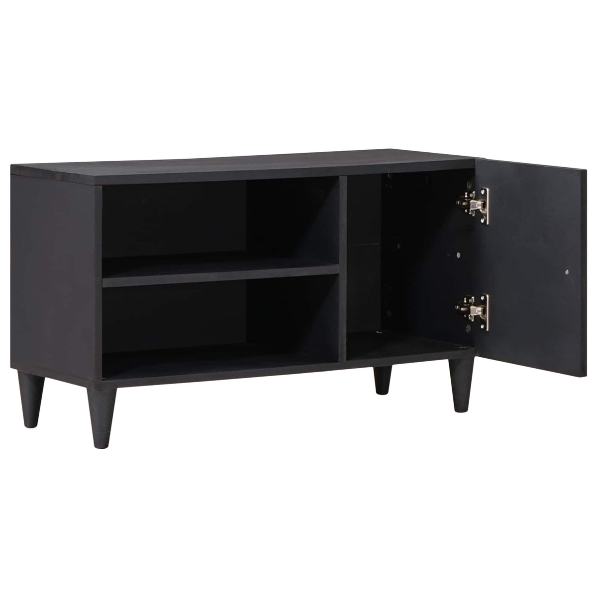 The media storage cabinet with the cupboard door open showing the interior shelving