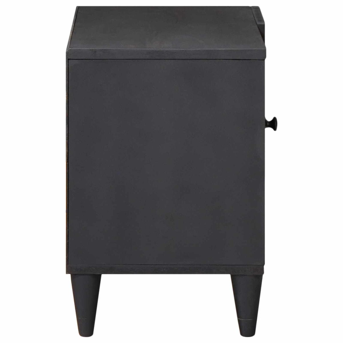 The media storage cabinet viewed from the side showing the solid black finish