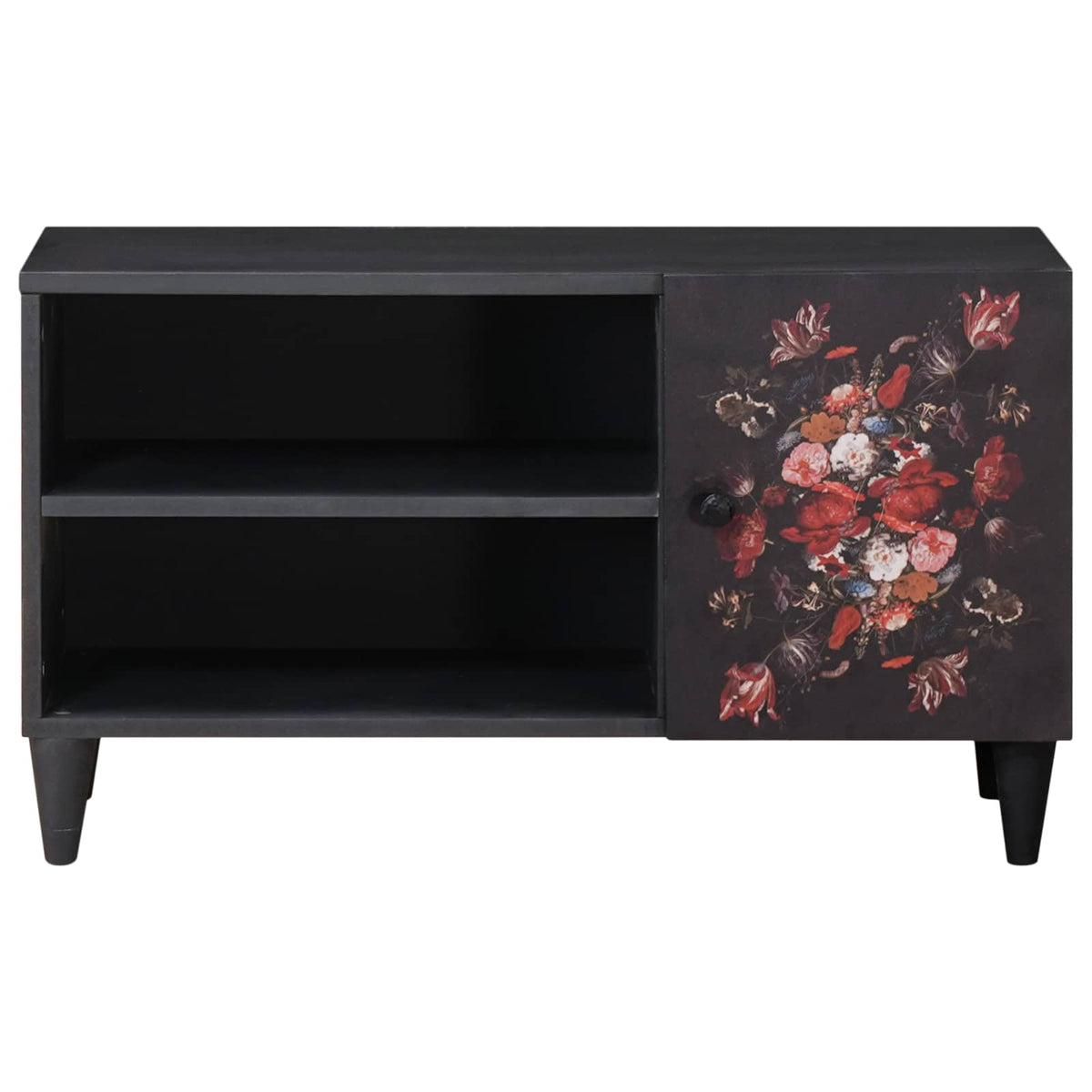 The media storage cabinet viewed directly from the front showing the floral door design