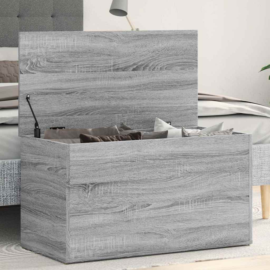 Storage Chest Grey Sonoma Engineered Wood with the lid open showing cushions inside