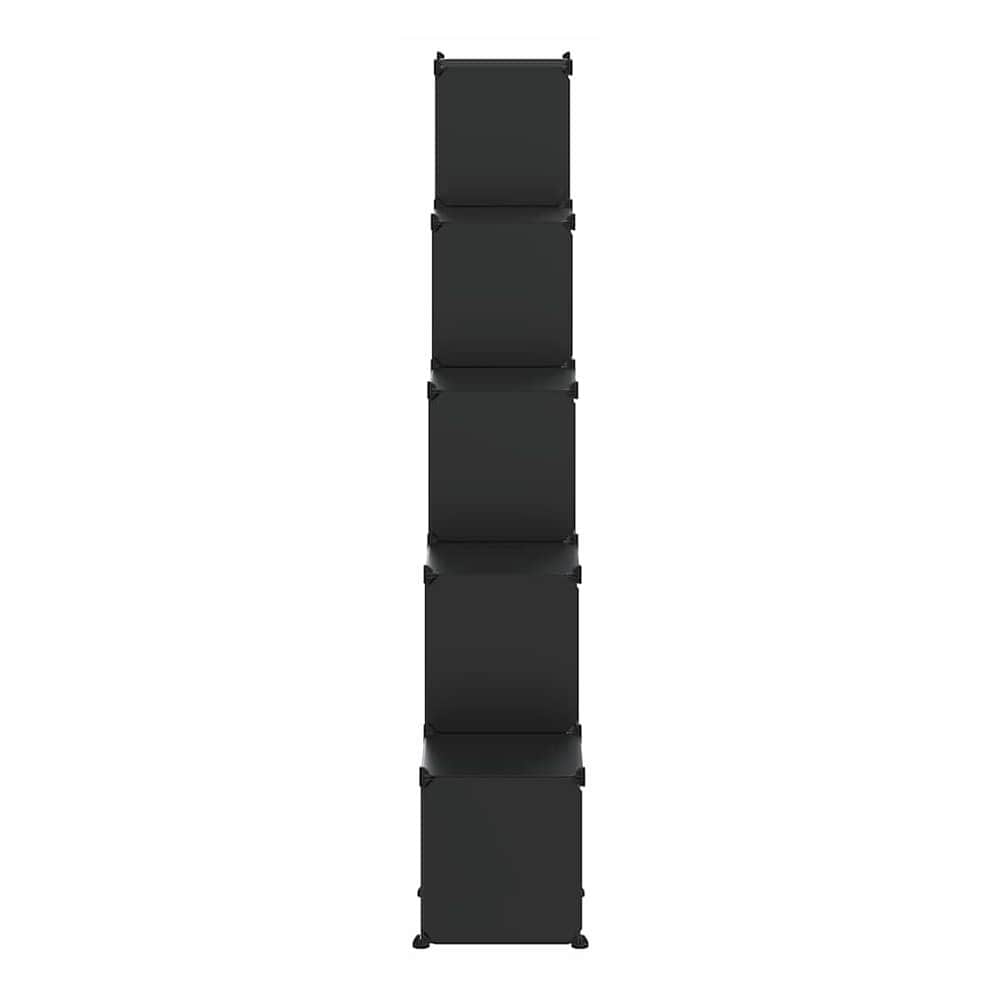 A tall stack of five black storage cubes