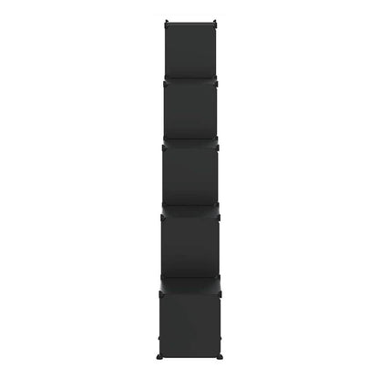 A tall stack of five black storage cubes