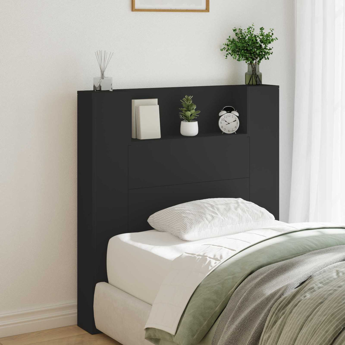 vidaXL Storage Headboard with LED Black Engineered Wood in a bedroom setting