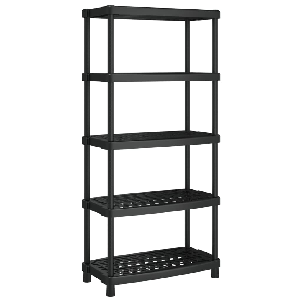 The black five-tier industrial shelving unit standing alone