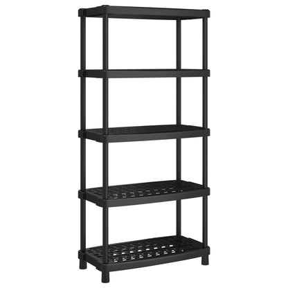 The black five-tier industrial shelving unit standing alone