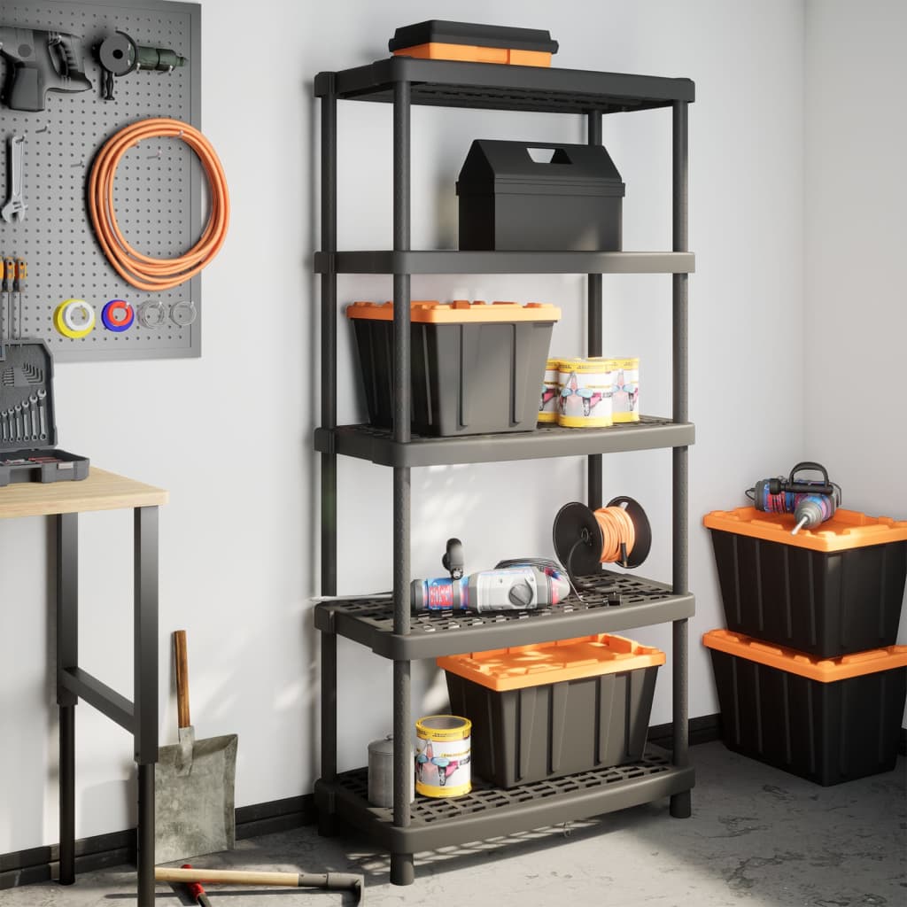 vidaXL Storage Shelf 5-Tier Black PP in a workshop setting with tools and storage boxes