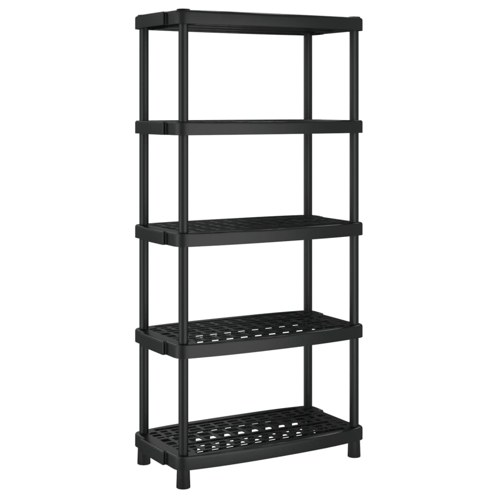 Rear view of the black five-tier industrial shelving unit