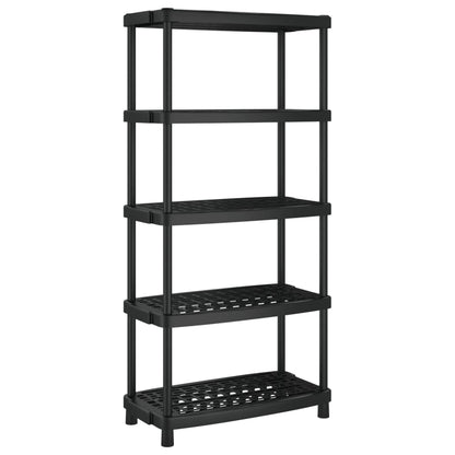 Rear view of the black five-tier industrial shelving unit