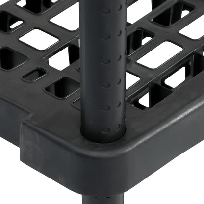 Close-up of the corner joint and shelf texture of the industrial shelving unit