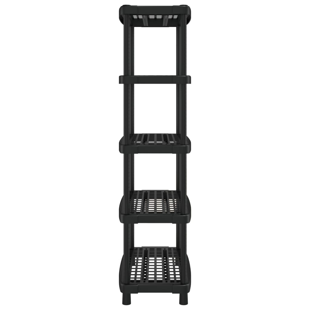Side view of the black five-tier industrial shelving unit