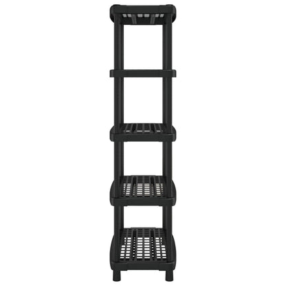 Side view of the black five-tier industrial shelving unit