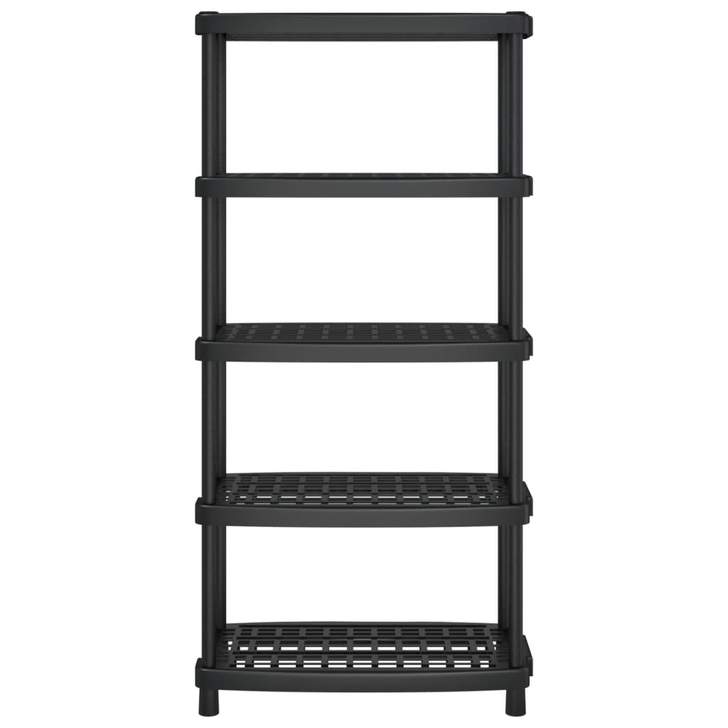 A black five-tier industrial shelving unit against a white background