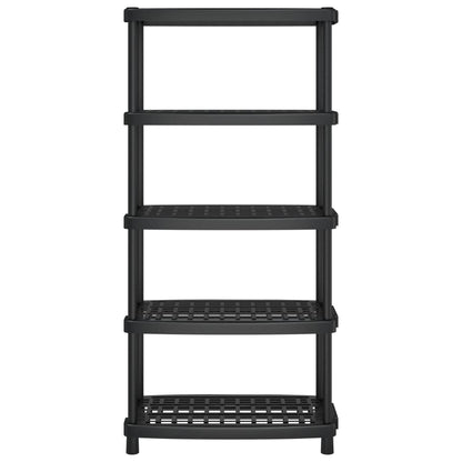 A black five-tier industrial shelving unit against a white background