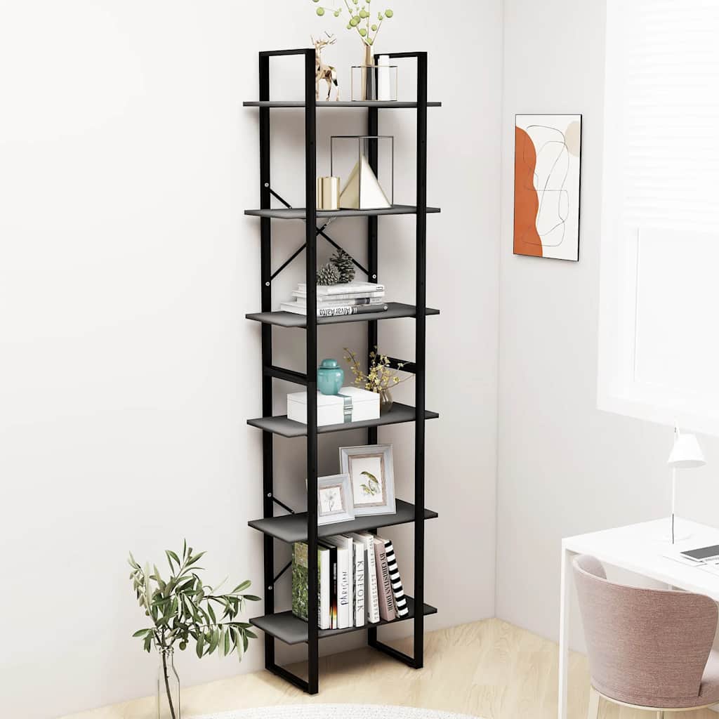 vidaXL Storage Shelf Grey Engineered Wood, a tall, narrow bookcase with six shelves