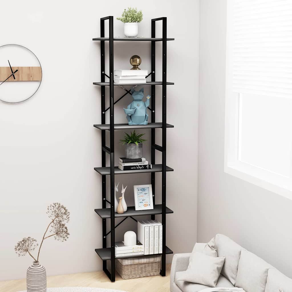 the grey engineered wood bookcase, styled with books and decorative items in a room