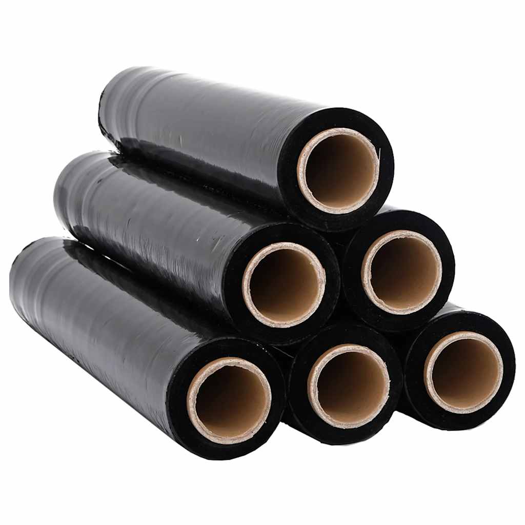 six rolls of black stretch wrap film stacked together