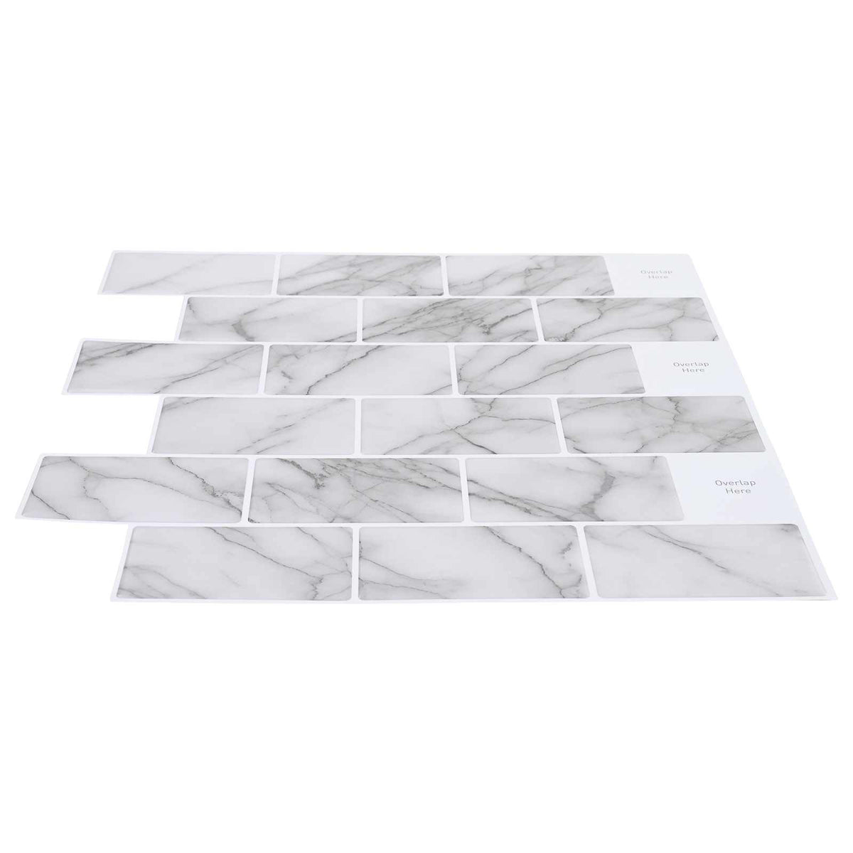 Three sheets of white marble effect decorative stickers laid out on a white surface