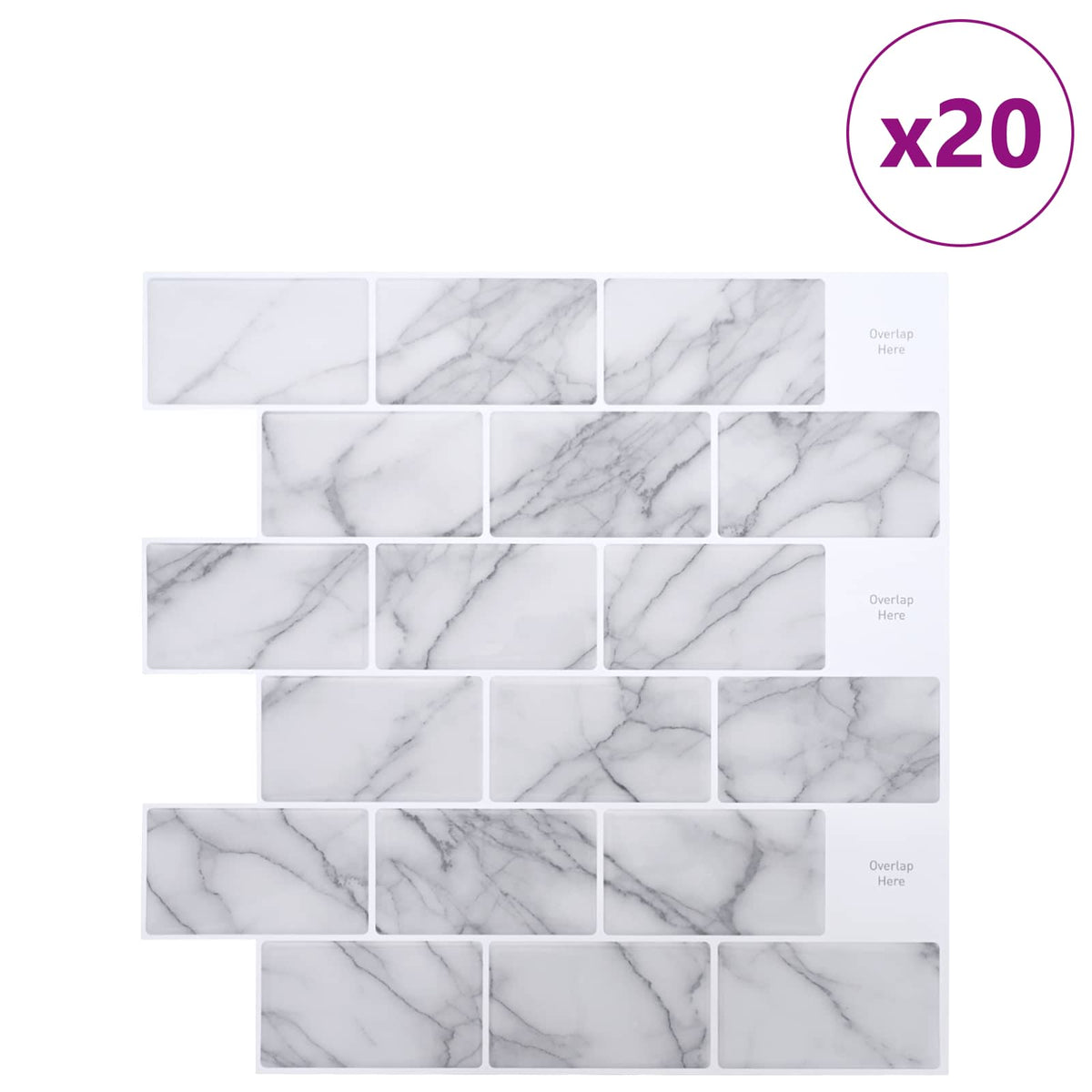 Sheet of 20 white marble effect decorative stickers with a purple circle indicating quantity