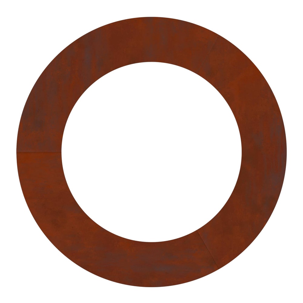 a circular rusty metal tree ring with a textured surface