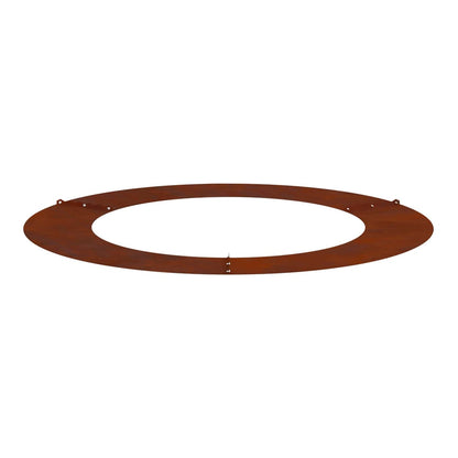 a rusty metal tree ring shown from a slightly elevated angle