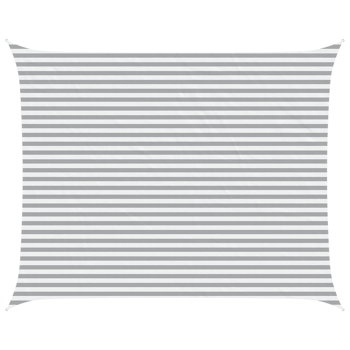 The sun shade sail in a light grey and white striped pattern, stretched taut