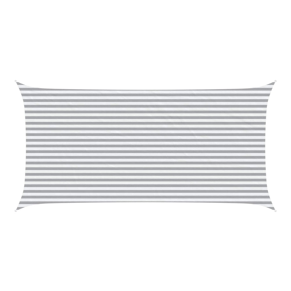 Rectangular sun shade sail with horizontal light grey and white stripes