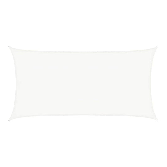 The rectangular white sunshade sail stretched between posts in a garden