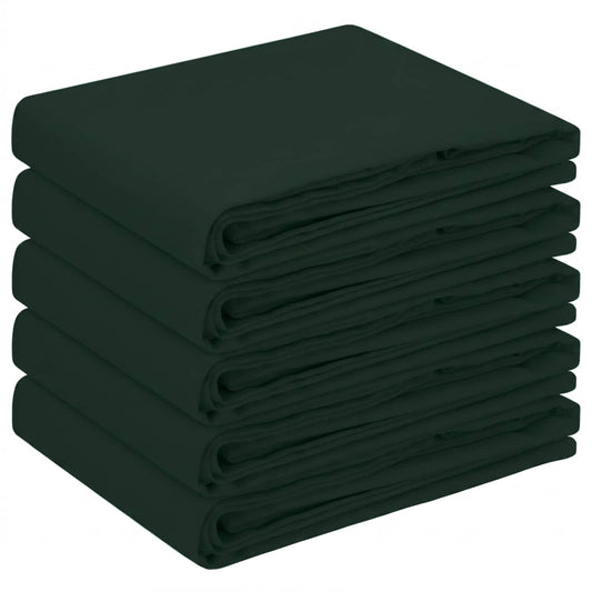 Five dark green polyester tablecloths folded neatly on top of each other