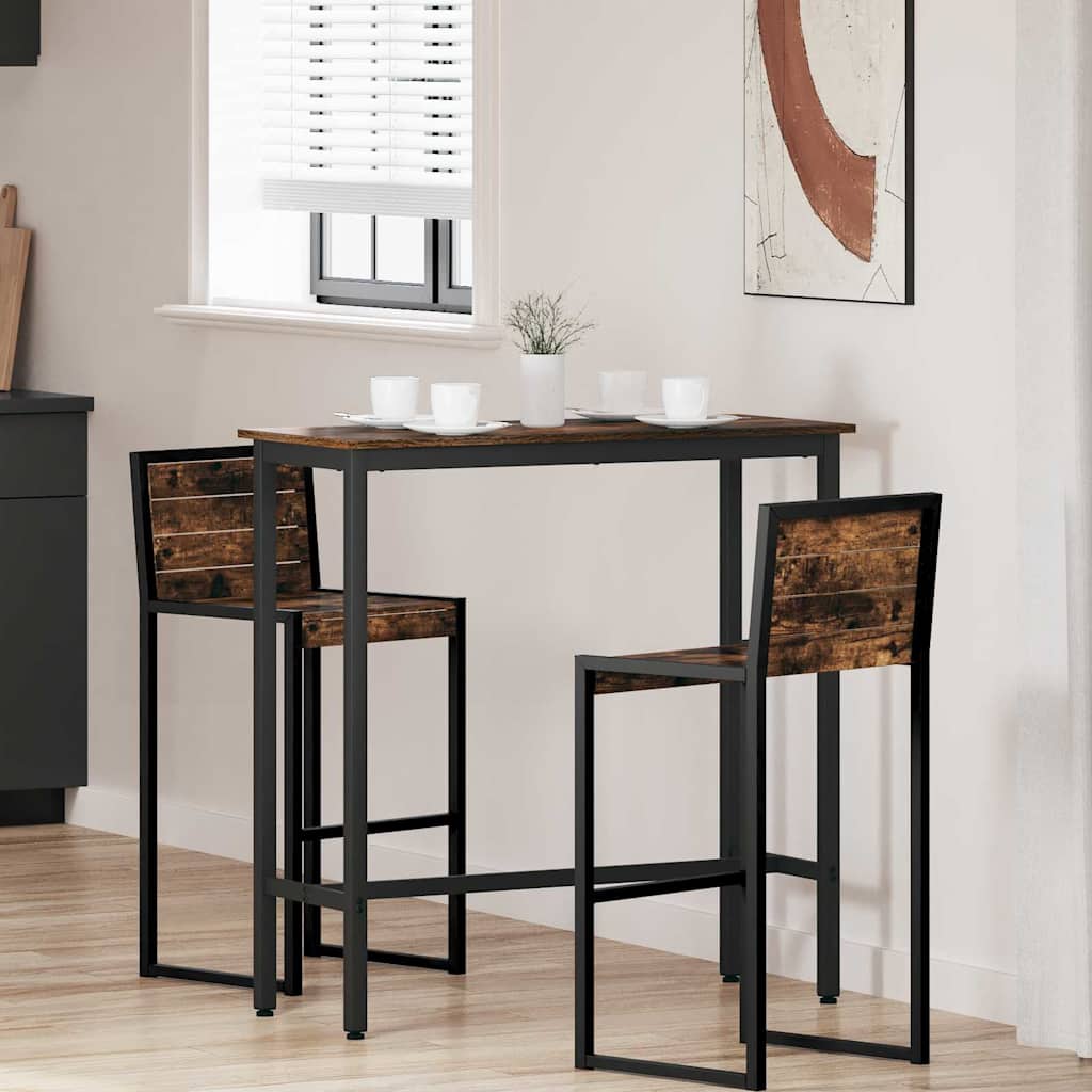 vidaXL Table Smoked Oak Engineered Wood and Steel with two bar stools in a kitchen setting