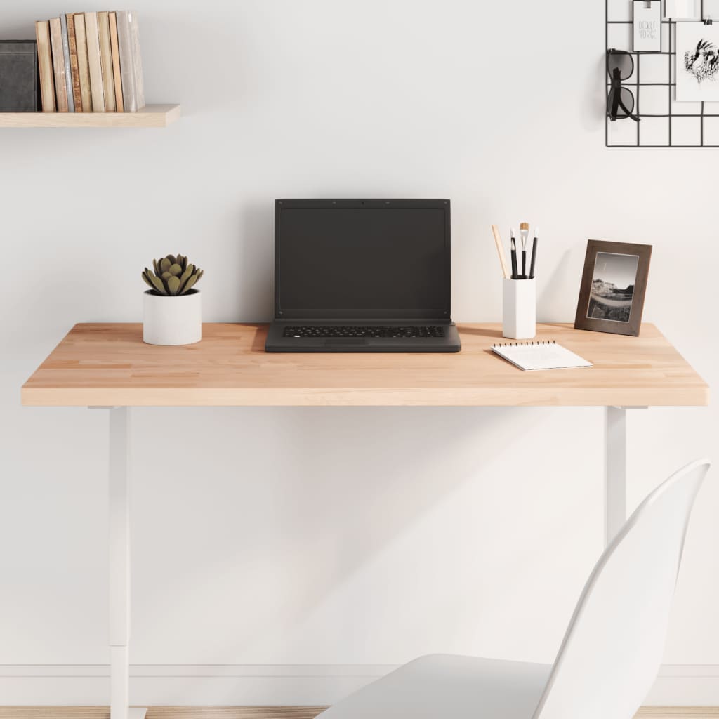 vidaXL Table Top Rectangular Solid Wood Beech set up as a desk with a laptop and plant